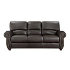 Divano a 3 posti marrone espresso, in pelle pieno fiore e similpelle, con borchie decorative