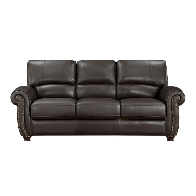 Divano a 3 posti marrone espresso, in pelle pieno fiore e similpelle, con borchie decorative