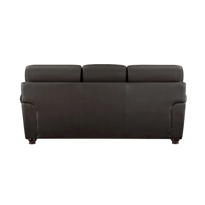 Divano a 3 posti marrone espresso, in pelle pieno fiore e similpelle, con borchie decorative