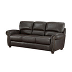 Divano a 3 posti marrone espresso, in pelle pieno fiore e similpelle, con borchie decorative