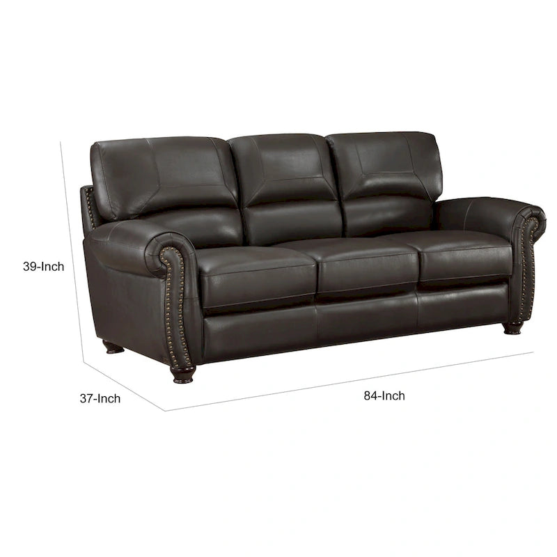 Divano a 3 posti marrone espresso, in pelle pieno fiore e similpelle, con borchie decorative