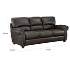 Divano a 3 posti marrone espresso, in pelle pieno fiore e similpelle, con borchie decorative
