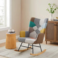 Sedia a dondolo in lino patchwork multicolore, seduta singola, gambe in legno