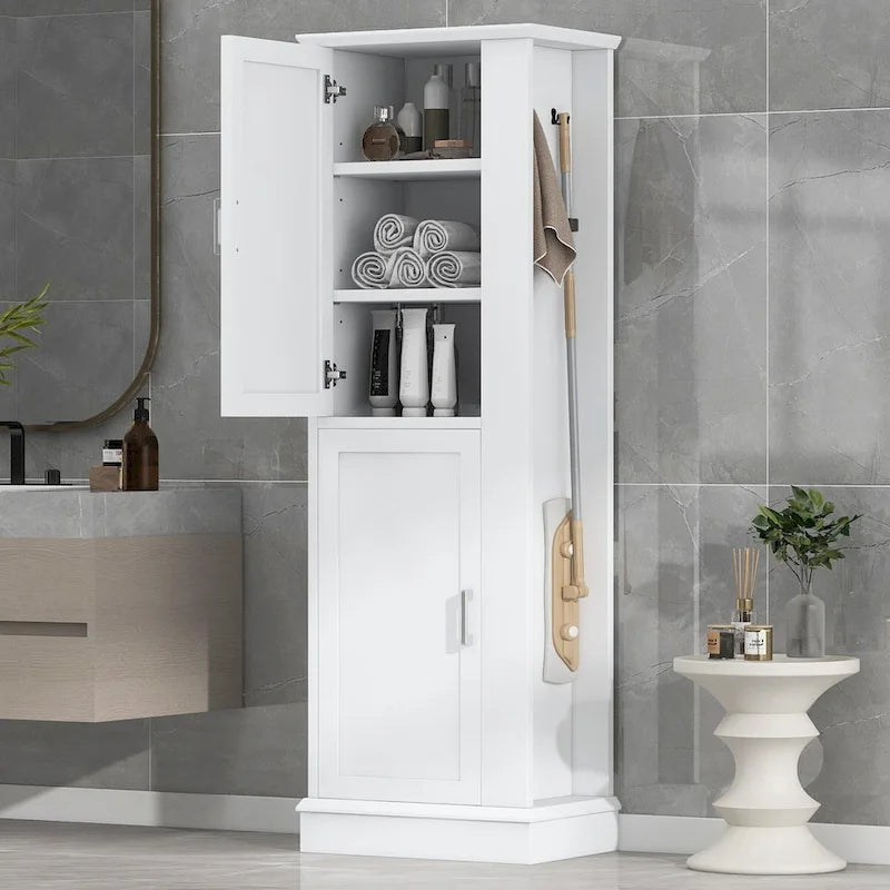 Mobiletto da Bagno Indipendente con Finitura in Legno Bianco, Gancio e Ripiano Regolabile, a 2 Ante
