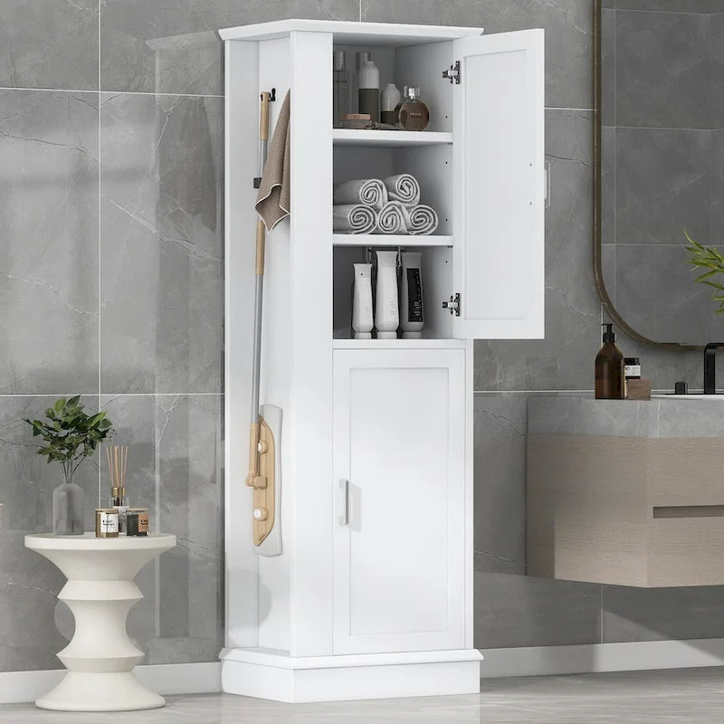 Mobiletto da Bagno Indipendente con Finitura in Legno Bianco, Gancio e Ripiano Regolabile, a 2 Ante