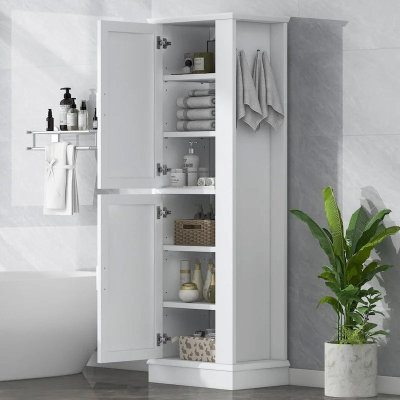 Mobiletto da Bagno Indipendente con Finitura in Legno Bianco, Gancio e Ripiano Regolabile, a 2 Ante