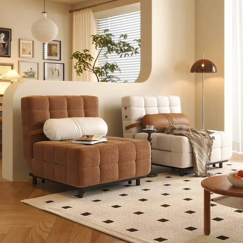 Sedia letto convertibile in velluto a coste beige/cammello, singola