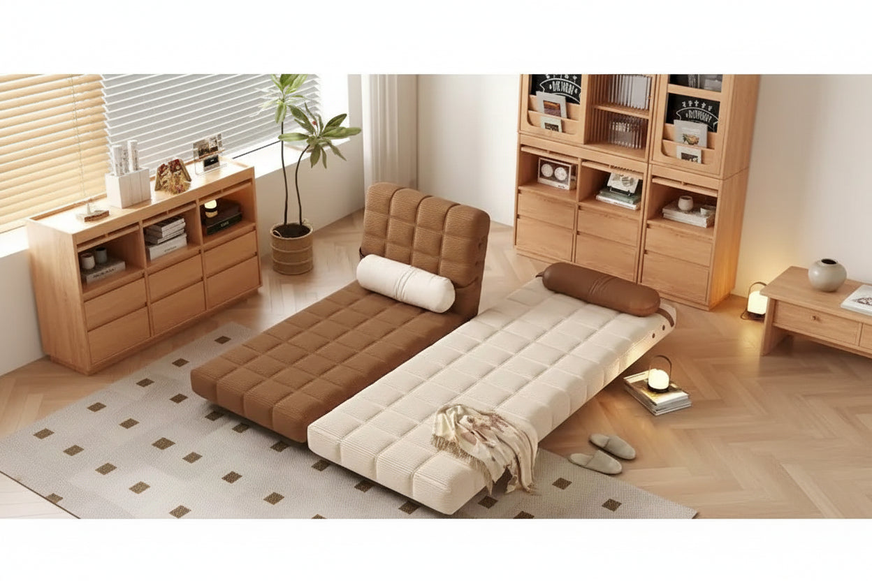 Sedia letto convertibile in velluto a coste beige/cammello, singola