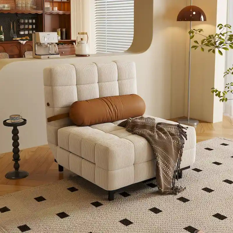 Sedia letto convertibile in velluto a coste beige/cammello, singola