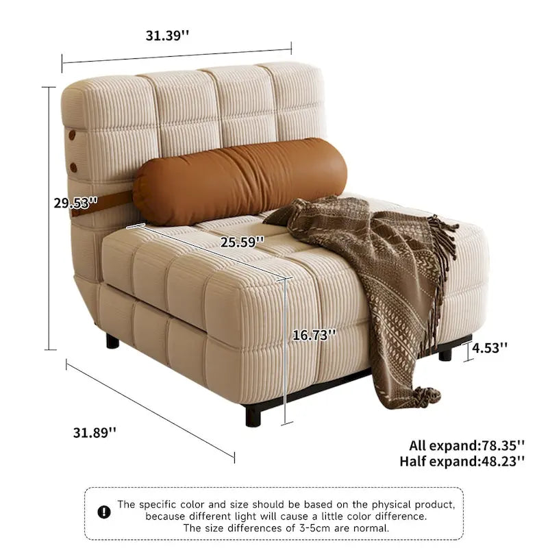 Sedia letto convertibile in velluto a coste beige/cammello, singola