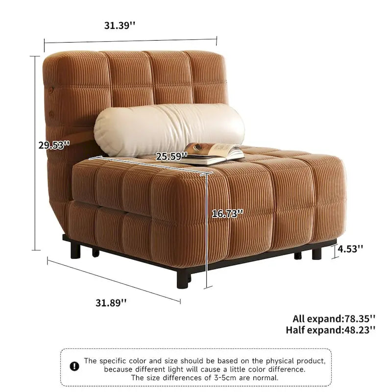 Sedia letto convertibile in velluto a coste beige/cammello, singola