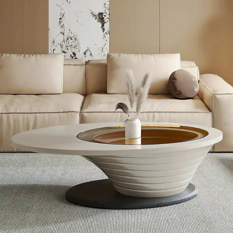 Tavolino da Caffè Ovale in Vetro Temperato Grigio, Struttura in Acciaio, 129,5 cm L × 65 cm P × 36,5 cm H
