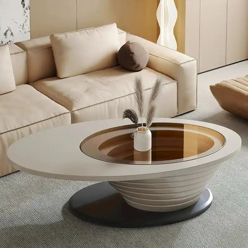 Tavolino da Caffè Ovale in Vetro Temperato Grigio, Struttura in Acciaio, 129,5 cm L × 65 cm P × 36,5 cm H